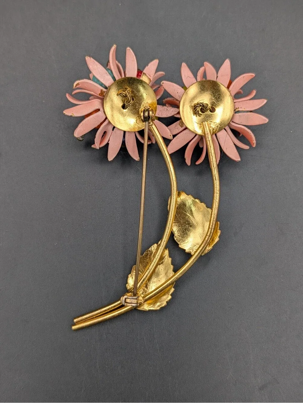 Vintage 1950s Pink Enamel Flower Brooch Hand Wired Molded Glass Bead Cluster